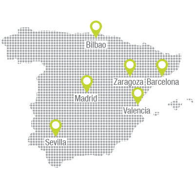 mapa estilizada de España con marcadores en las oficinas de Michael Page en Bilbao, Barcelona, Madrid, Sevilla, Valencia y Zaragoza