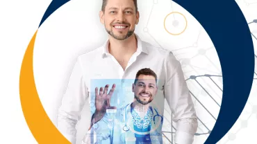 Hombre sonriente con fondo de gráficos científicos.