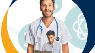 Persona con uniforme médico y estetoscopio, fondo de iconos médicos.