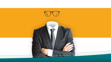 Traje con brazos cruzados, sin cabeza, con gafas dibujadas.