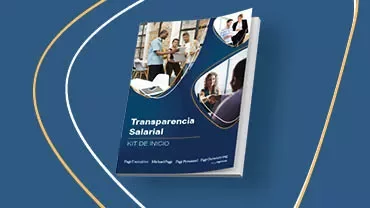 Folleto titulado “Transparencia Salarial Kit de Inicio” muestra a diversos profesionales en entornos de oficina sobre un fondo azul con líneas curvas.