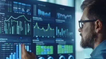 Profesional revisando su evolución laboral en un dashboard digital, simbolizando crecimiento, movilidad interna y desarrollo profesional. 