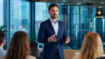 Profesional mostrando confianza durante una presentación, en un entorno moderno de oficina corporativa