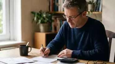 hombre sentado escribiendo en un papel con una calculadora al lado