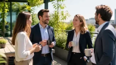 equipo de dos hombres y dos mujeres haciendo un after-work en una terraza