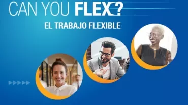Personas sonrientes en un póster sobre trabajo flexible.