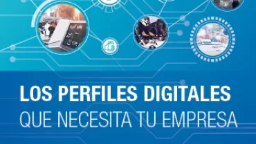 Gráfico azul que promociona perfiles digitales para empresas con imágenes de tecnología.