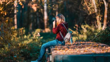 Persona sentada en una estructura tomando fotos en el bosque durante otoño.