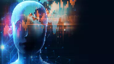 Figura digital que combina datos y gráficos futuristas.