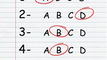 Opciones múltiples numeradas del 1 al 6 con letras A, B, C, D, algunas marcadas.