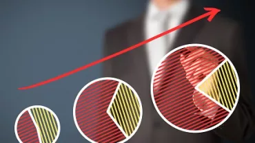 Diagrama con flecha roja apuntando hacia arriba, círculos con gráficos.