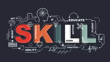 Ilustración de la palabra 'skill' con iconos de educación y arte.