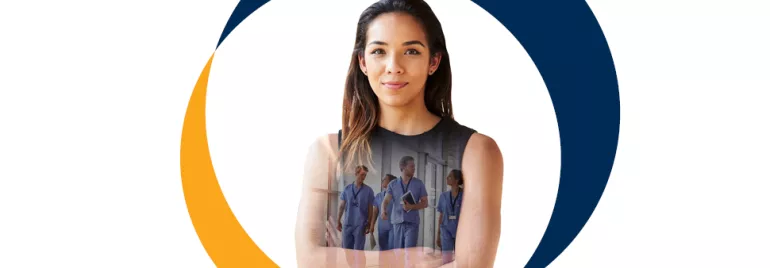 Persona sonriendo con ropa médica, fondo mezcla de círculos.