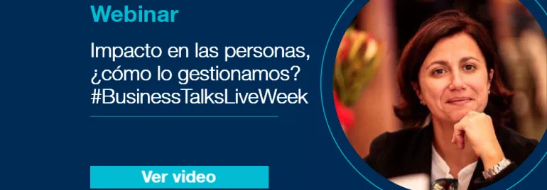 Anuncio de webinar sobre gestión del impacto en las personas. Incluye foto de una persona y enlace para ver video.