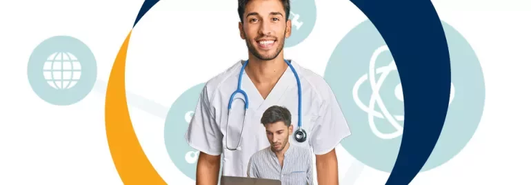 Médico sonriendo con estetoscopio y persona trabajando en computadora.