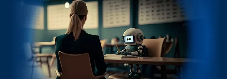 Un robot pequeño entrevistando a una persona en una oficina.