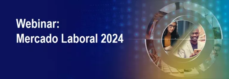 Cartel del webinar sobre el mercado laboral 2024 con imágenes de profesionales.