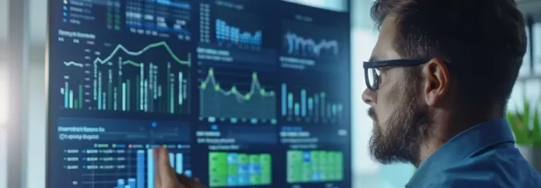 Profesional revisando su evolución laboral en un dashboard digital, simbolizando crecimiento, movilidad interna y desarrollo profesional. 