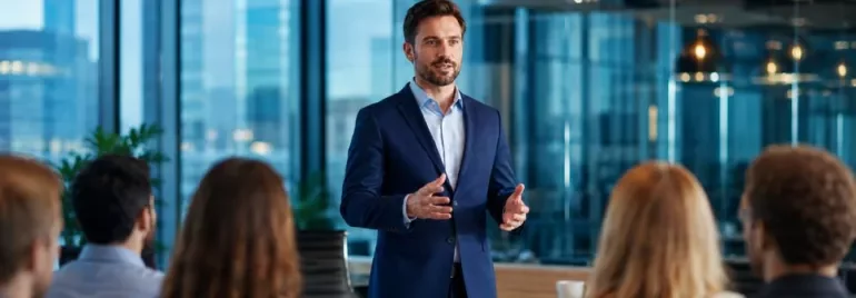 Profesional mostrando confianza durante una presentación, en un entorno moderno de oficina corporativa