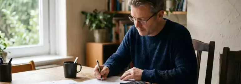 hombre sentado escribiendo en un papel con una calculadora al lado