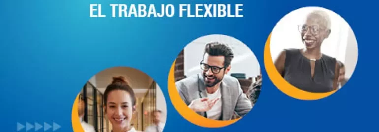 Personas sonrientes en un póster sobre trabajo flexible.