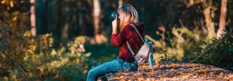Persona sentada en una estructura tomando fotos en el bosque durante otoño.