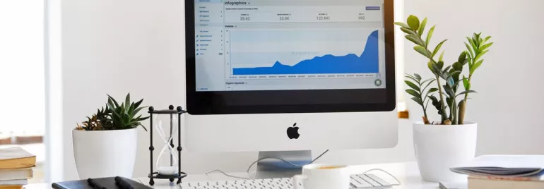Pantalla de computadora con gráfico y plantas en escritorio.