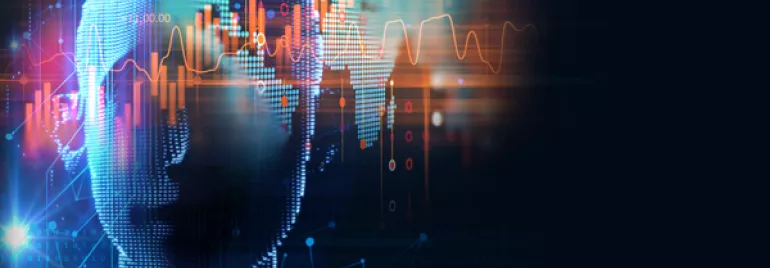 Figura digital que combina datos y gráficos futuristas.