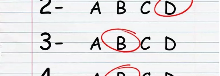 Opciones múltiples numeradas del 1 al 6 con letras A, B, C, D, algunas marcadas.