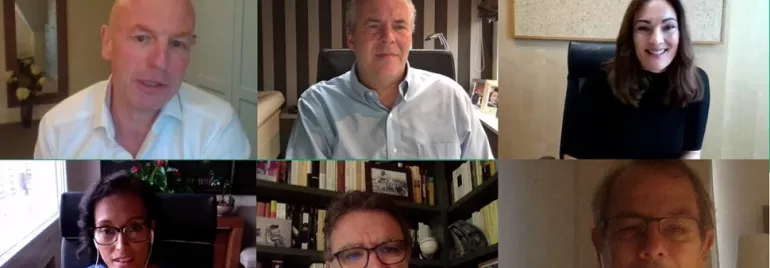 Videollamada de seis personas en una reunión virtual.