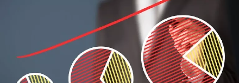 Diagrama con flecha roja apuntando hacia arriba, círculos con gráficos.