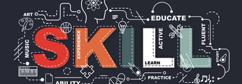 Ilustración de la palabra 'skill' con iconos de educación y arte.