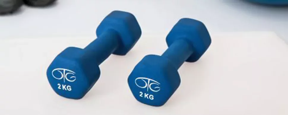 Par de mancuernas azules de 2 kg cada una sobre una superficie blanca.
