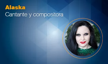 Retrato de una persona con el texto 'Alaska, Cantante y compositora' sobre un fondo azul.