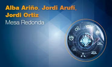 Gráfico circular con iconos y texto de presentación en fondo azul.