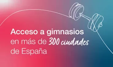 Acceso a gimnasios en más de 300 ciudades de España con una ilustración de mancuerna.