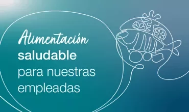Texto en español sobre alimentación saludable para empleadas, con ilustración de comida.