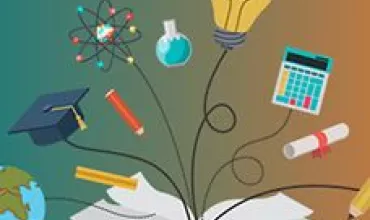 Libro abierto con iconos educativos, como bombilla y microscopio.