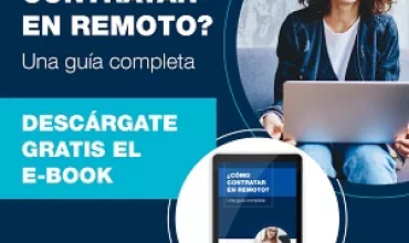 Anuncio de un e-book gratuito sobre contratación remota, con una persona sonriendo y usando una laptop.