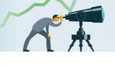 Persona mirando a través de un telescopio con gráfico de líneas al fondo.