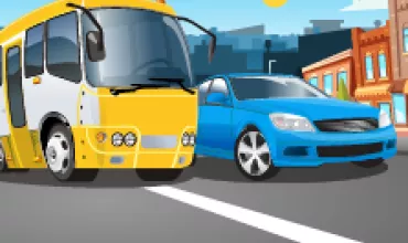 Carro azul y autobús amarillo en la calle bajo un cielo soleado.