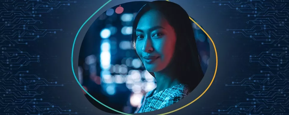 Retrato de una persona frente a un fondo azul con luces brillantes.