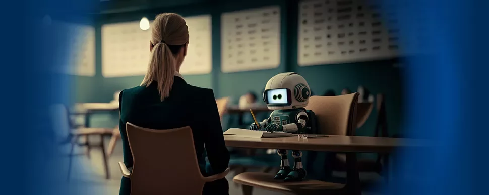 Persona y robot pequeño sentados en una mesa en una oficina moderna.