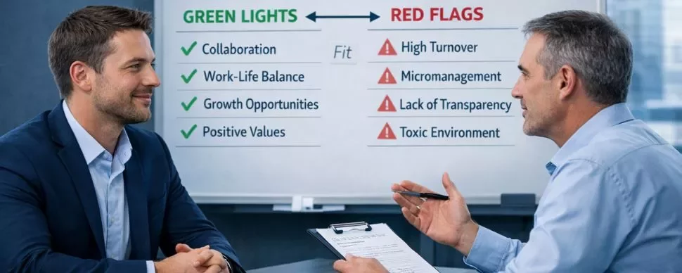 Candidato siendo entrevistado, analizando la cultura corporativa, con un gráfico o pizarra destacando conceptos de "green lights" y "red flags" 