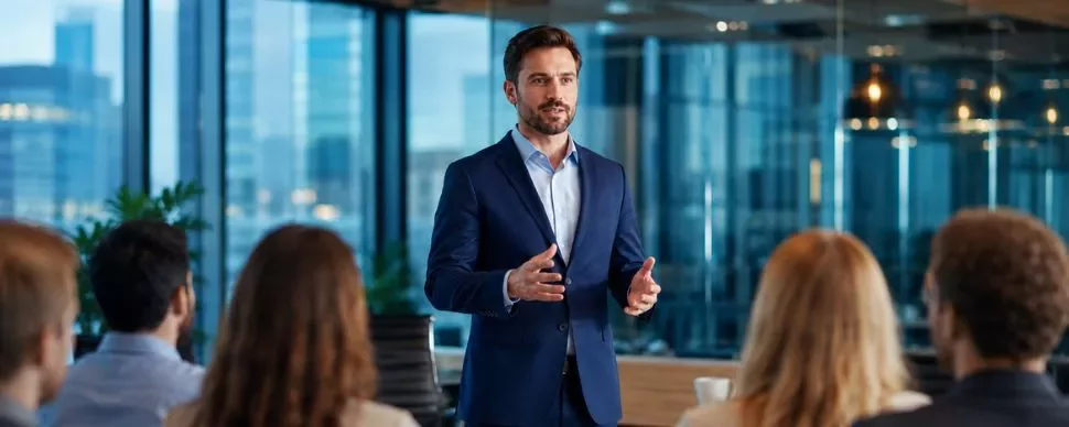 Profesional mostrando confianza durante una presentación, en un entorno moderno de oficina corporativa