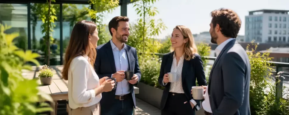 equipo de dos hombres y dos mujeres haciendo un after-work en una terraza
