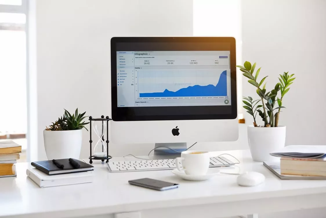 Pantalla de computadora con gráfico y plantas en escritorio.