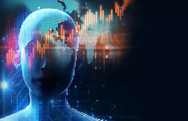 Figura digital que combina datos y gráficos futuristas.