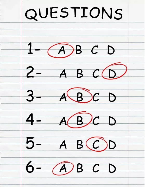Opciones múltiples numeradas del 1 al 6 con letras A, B, C, D, algunas marcadas.
